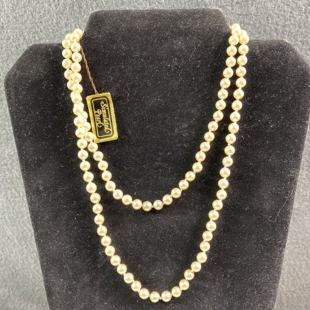 Vtg Simulated Pearl Necklace 34" Opera Rope Layering Hand Knotted Cottagecore